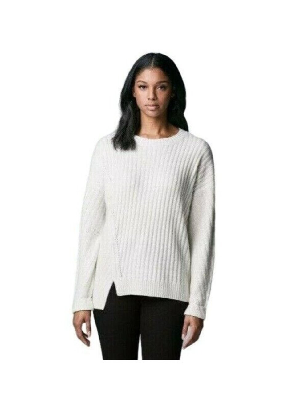 ❤️Knit Sweater Asymmetrical-Hem Sz L Womens Cream with Little Silver Sparkle New